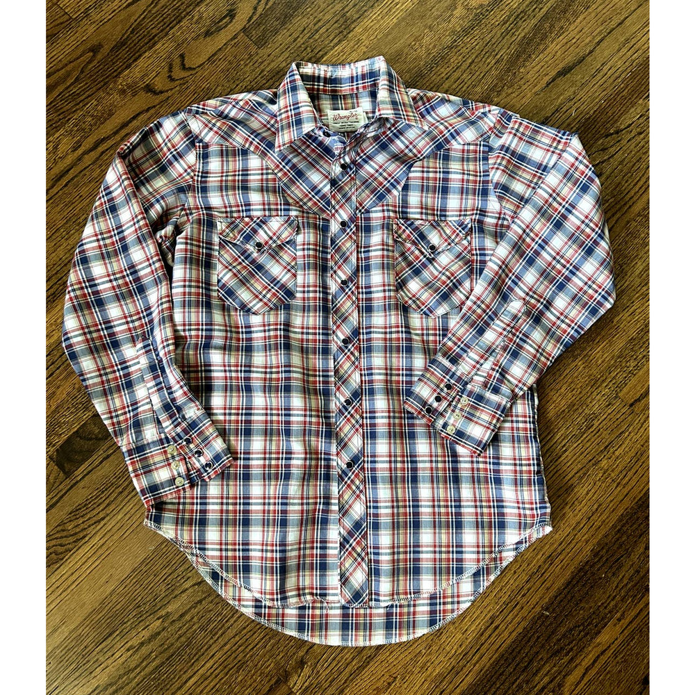 Vintage Wrangler Pearl Button Snap Front Red Blue Plaid Men's Shirt